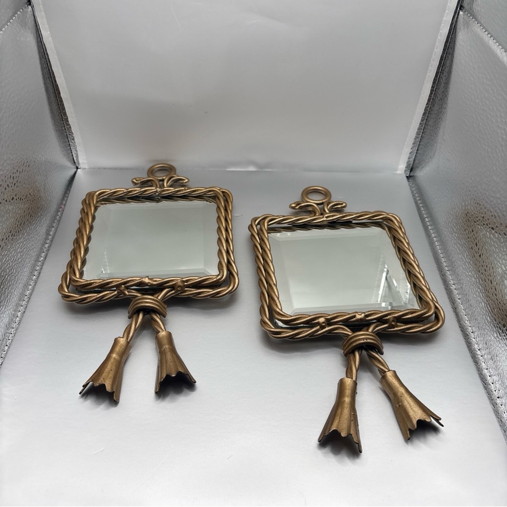 Vintage Twisted Rope Beveled Metal Mirror Tassles Homco Home Interior 9” x 5”